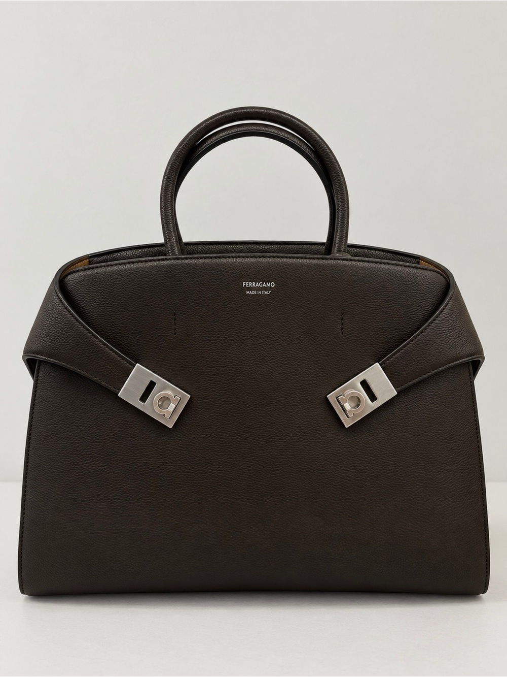 Ferragamo Hug Briefcase Testa di Moro Brown Calfskin Leather Bag with Strap